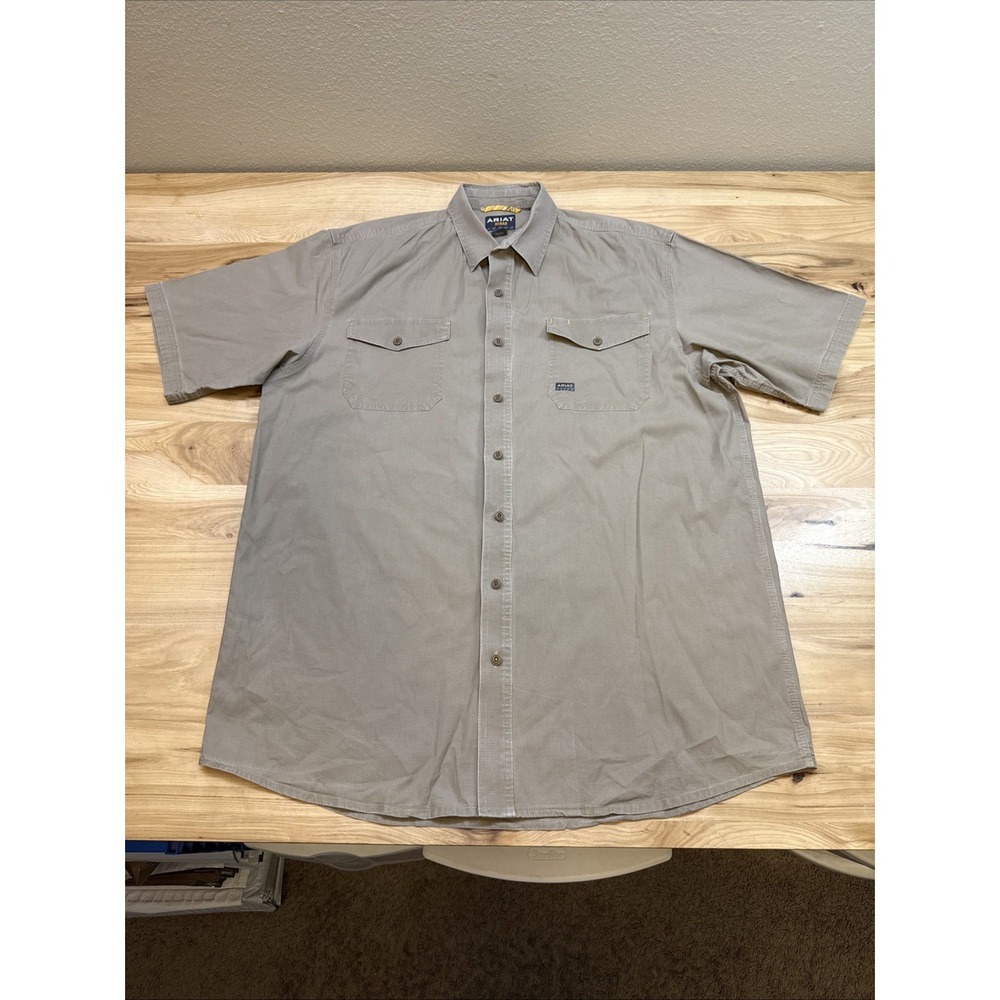 Ariat Shirt Mens XLT Brown Rebar DuraStretch Workwear Short Sleeve Logo Ripstop